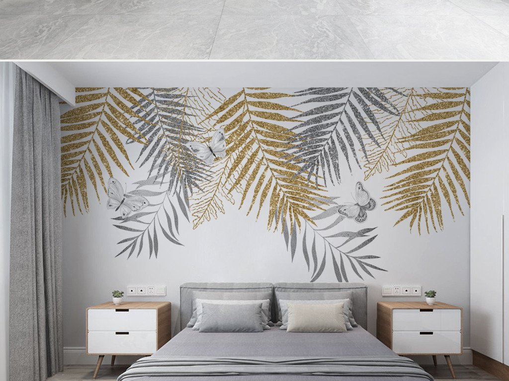 北歐現代輕奢棕櫚葉電視沙發背景墻壁紙壁畫